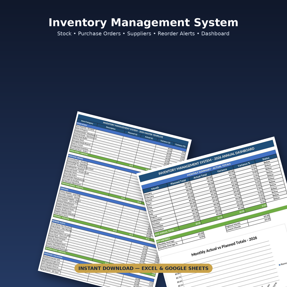 Inventory Management System Excel and Google Sheets stock tracker template