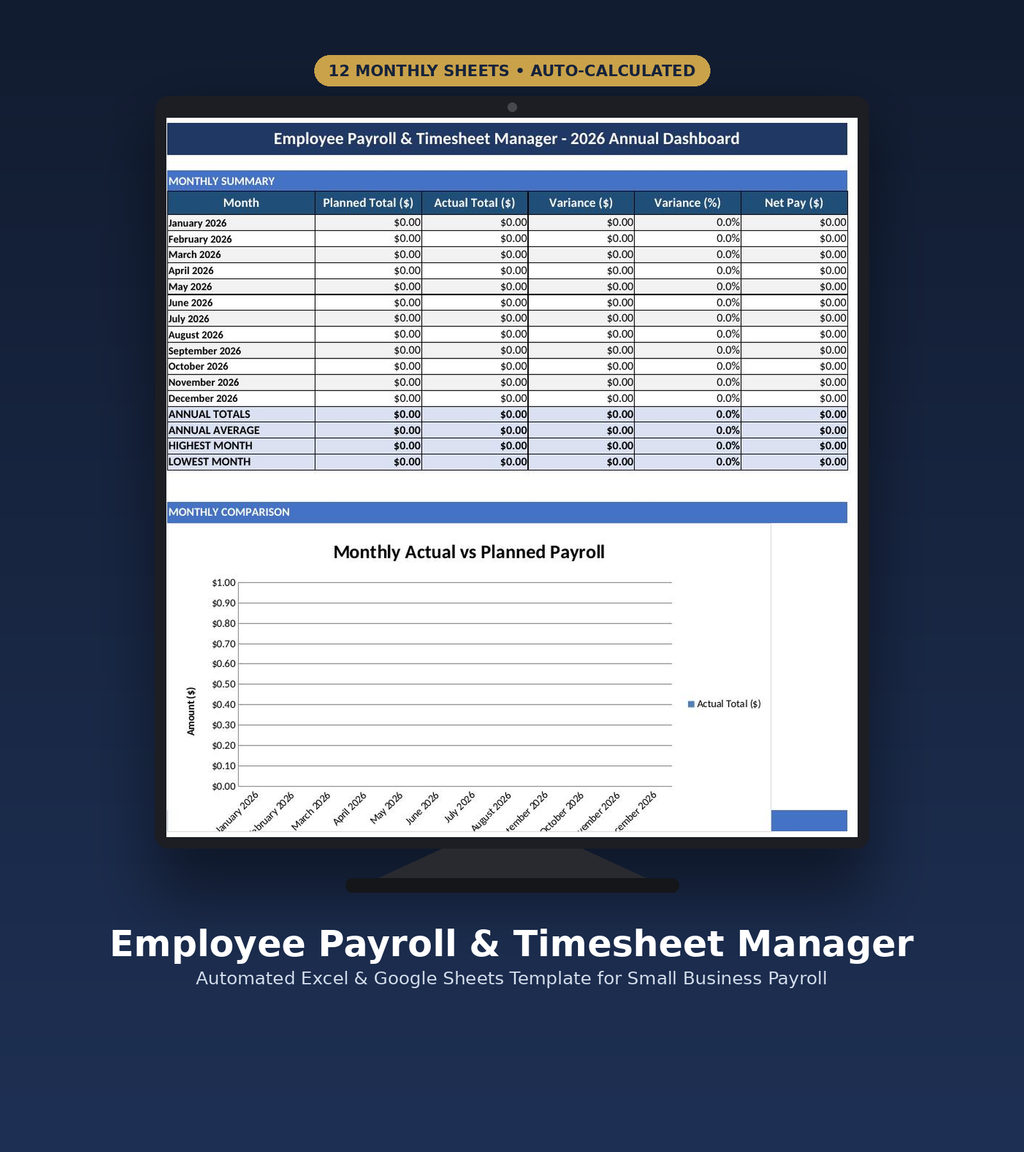 Employee Payroll and Timesheet Manager Excel and Google Sheets template