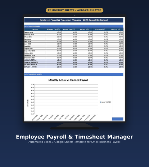 Employee Payroll and Timesheet Manager Excel and Google Sheets template