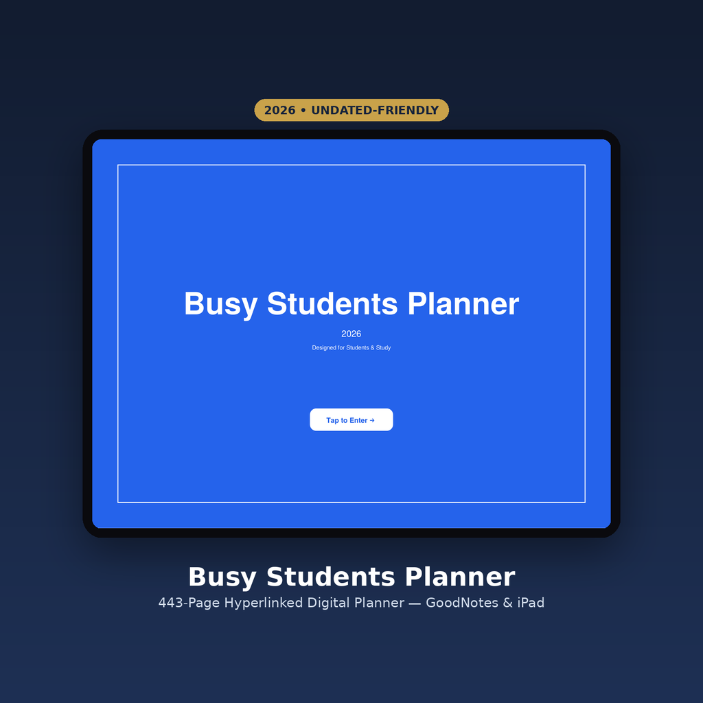 Busy Students Planner 2026 cover shown on an iPad in GoodNotes