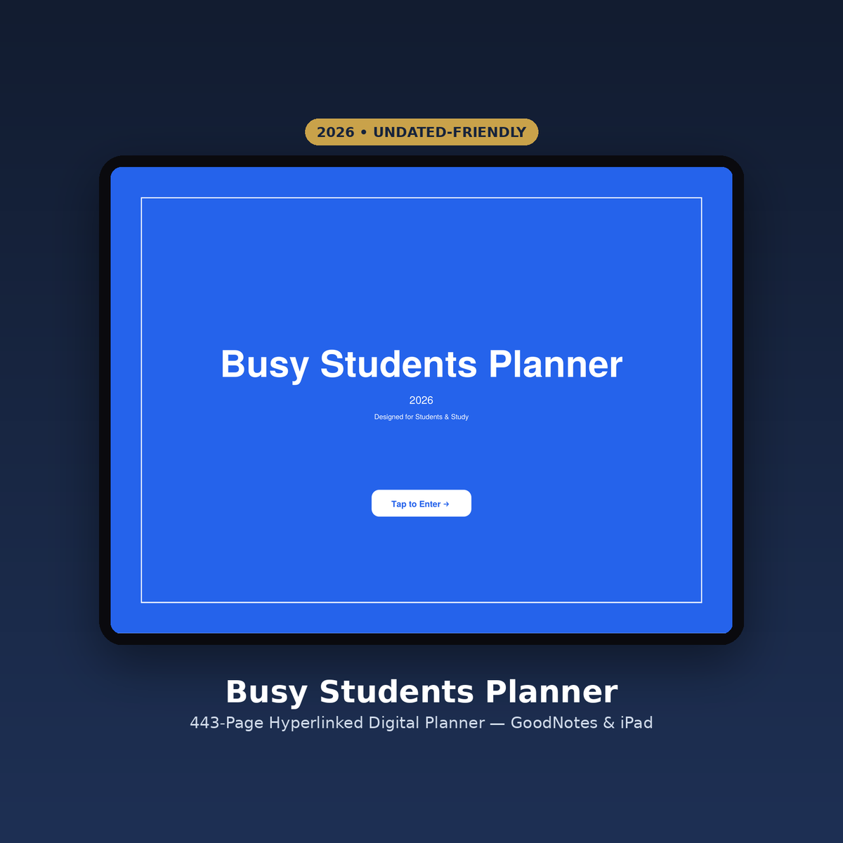 Busy Students Planner 2026 cover shown on an iPad in GoodNotes