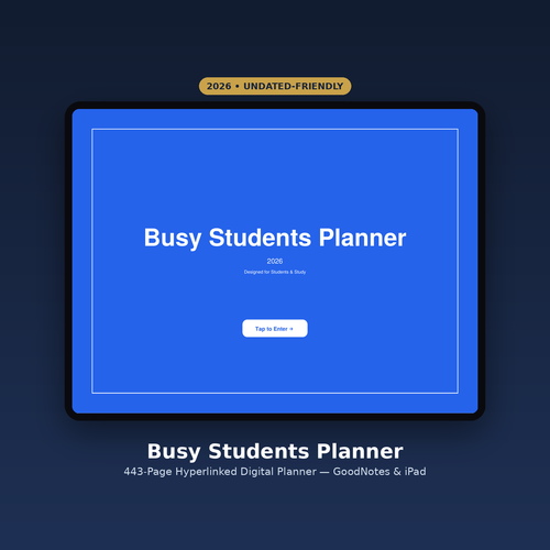 Busy Students Planner 2026 cover shown on an iPad in GoodNotes
