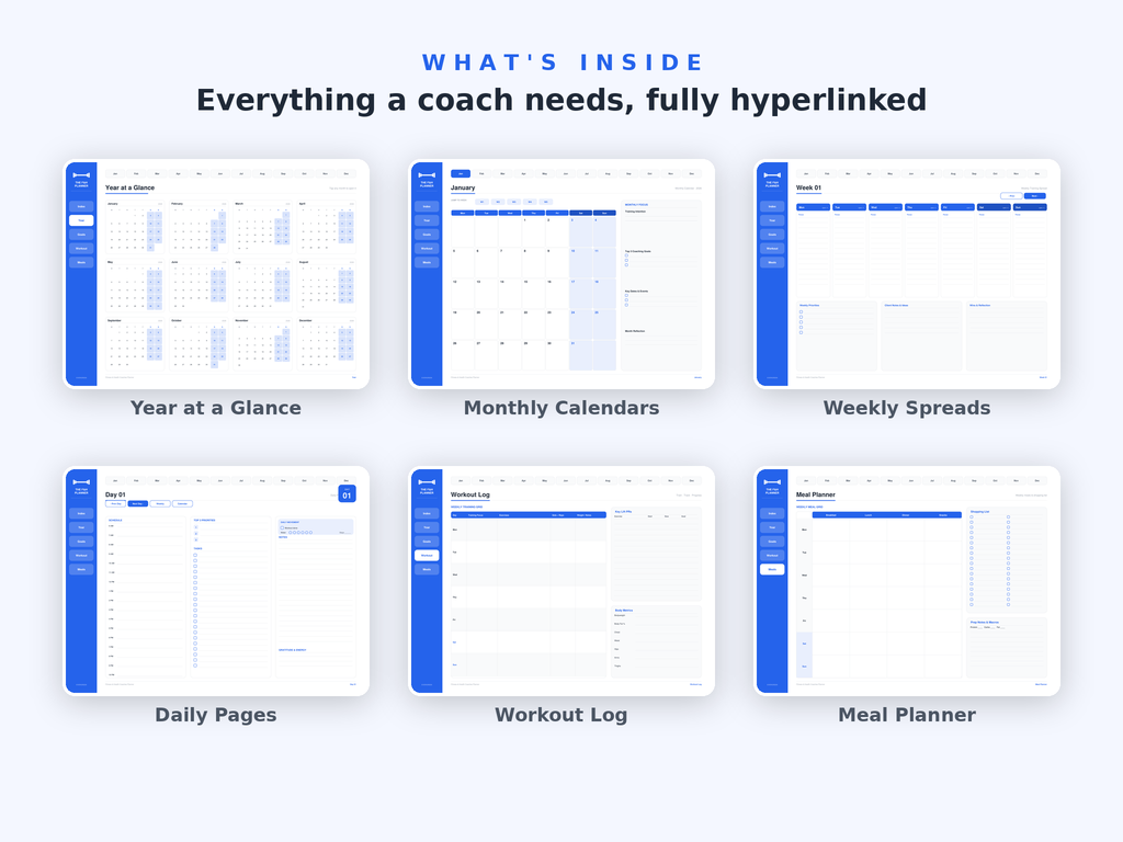 Workout log and PR tracker pages of the Fitness & Health Coaches Planner