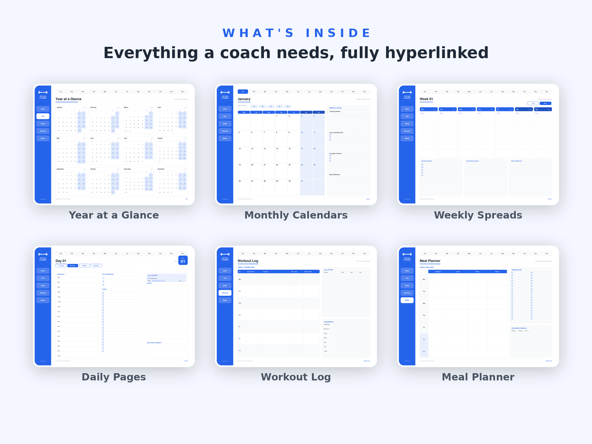 Workout log and PR tracker pages of the Fitness & Health Coaches Planner