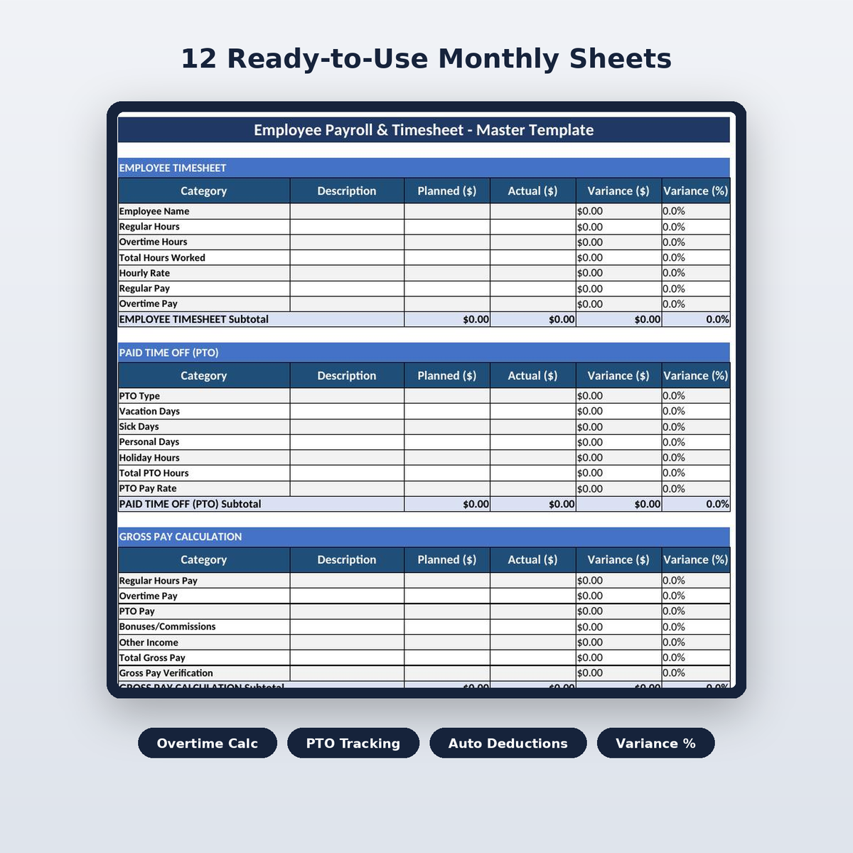 Automated payroll dashboard with gross and net pay calculations