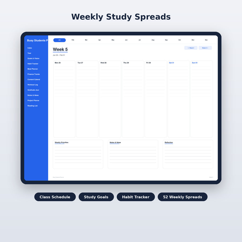 Weekly class schedule and study spread from the Busy Students Planner 2026