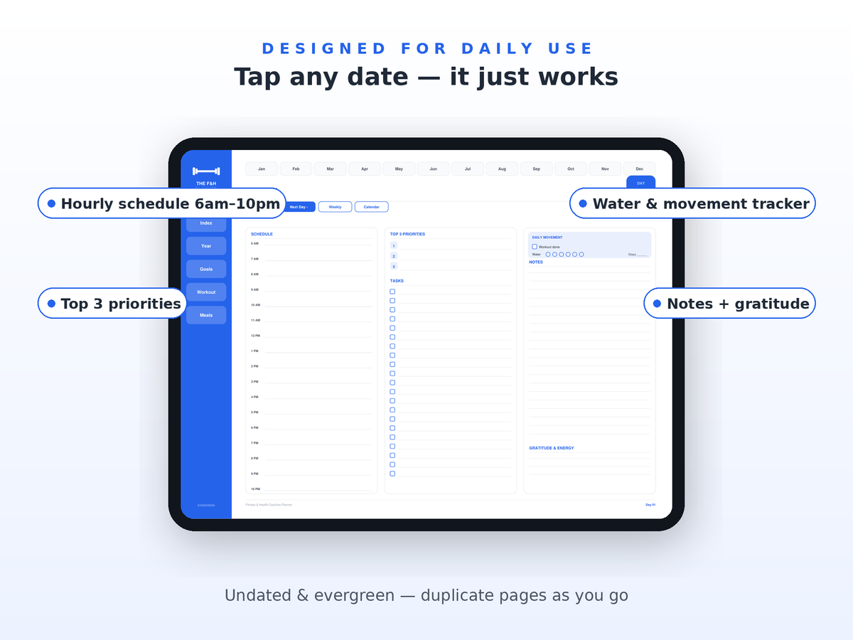 Meal planner and weekly spread of the Fitness & Health Coaches Planner