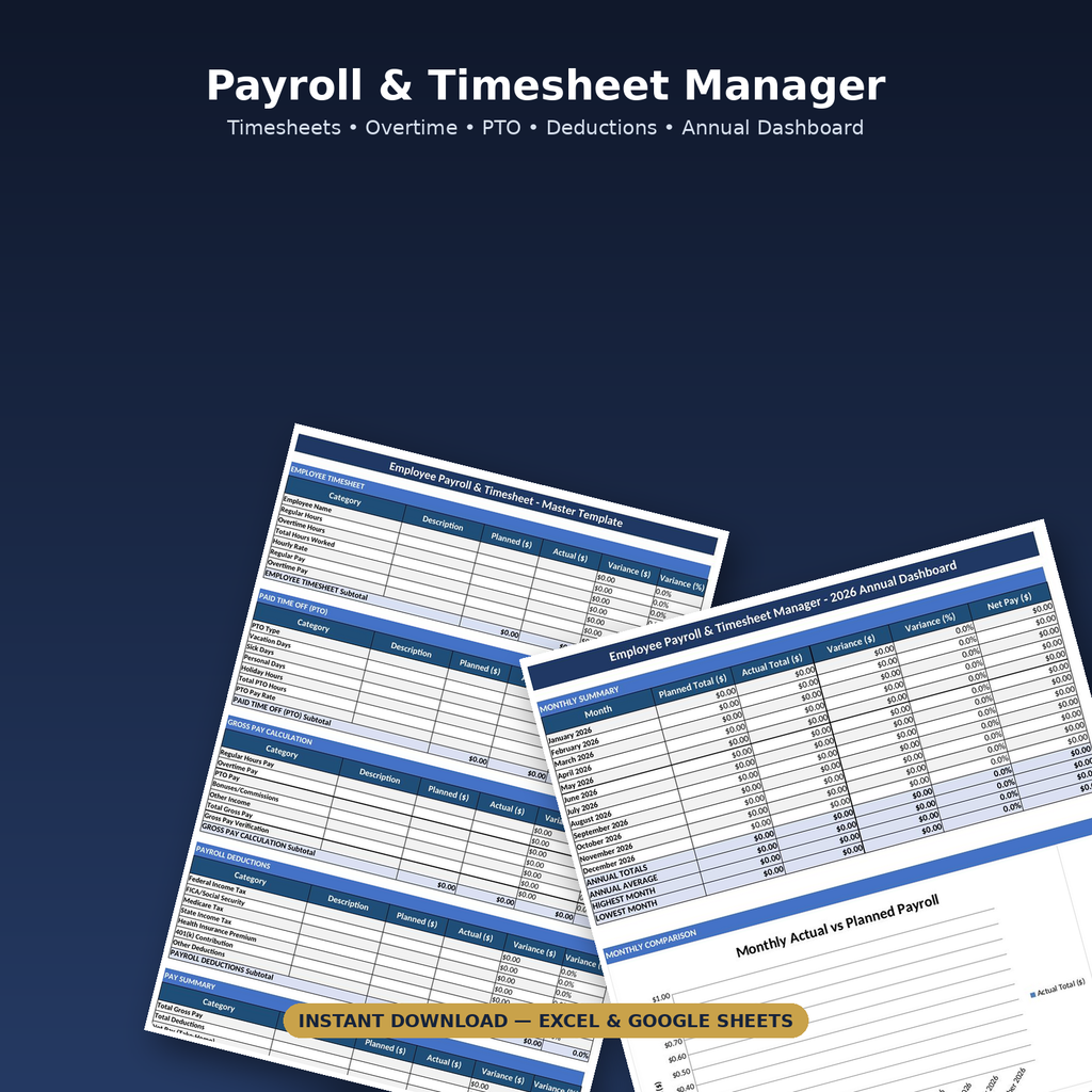 Payroll tracker with overtime, PTO and tax deductions for small business