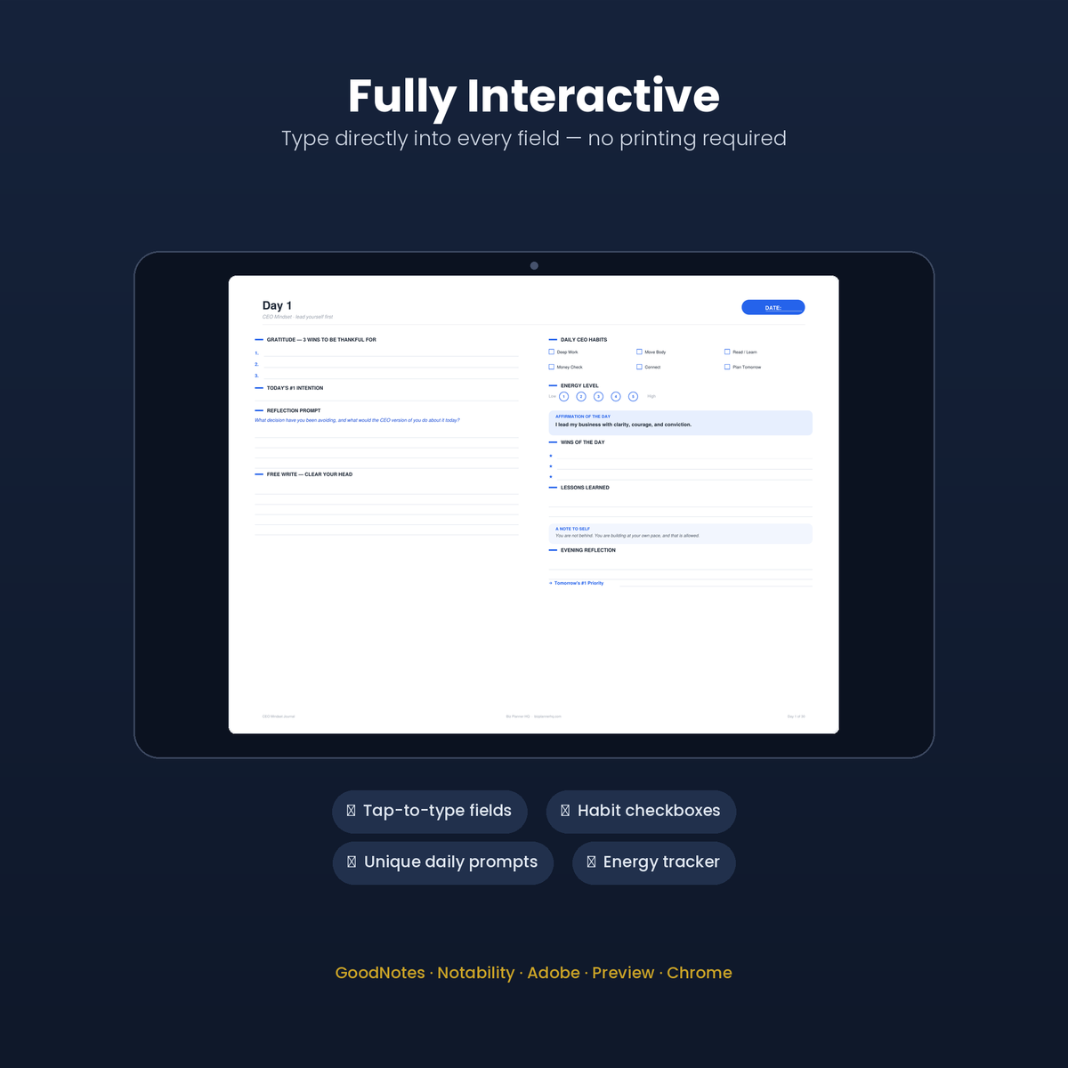 Interactive daily journal prompts for founders, for iPad and GoodNotes