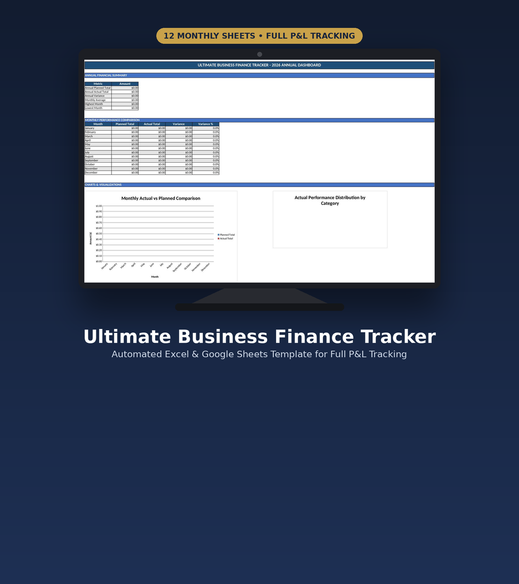 Profit and loss tracker with automatic variance and annual dashboard